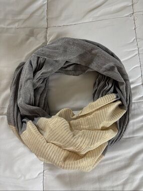 Gray and Cream Infinity Scarf with Subtle Metallic Stripe